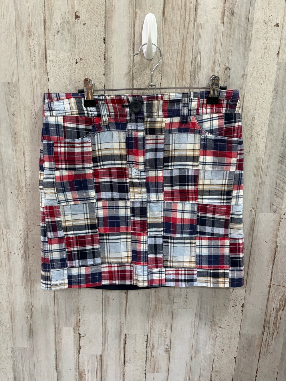 LOFT Patchwork Plaid Mini Skirt Size 2 Red Blue Madras Cotton Preppy Cottagecore